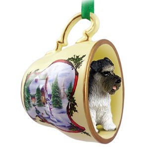 Gray Uncropped Ears Schnauzer Dog in Snowman Tea Cup Christmas Ornament – Hand-Painted Stone Resin