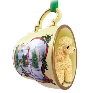 Apricot Sport Cut Poodle Dog in Snowman Tea Cup Christmas Ornament – Hand-Painted Stone Resin