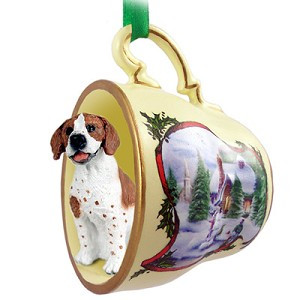 Brown & White Pointer Dog in Snowman Tea Cup Christmas Ornament – Hand-Painted Stone Resin
