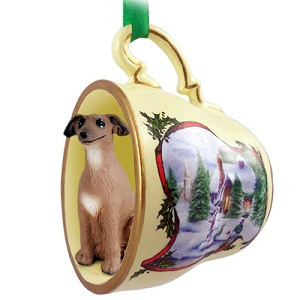 Italian Greyhound Dog in Snowman Tea Cup Christmas Ornament – Hand-Painted Stone Resin