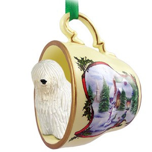 Komondor Dog in Snowman Tea Cup Christmas Ornament – Hand-Painted Stone Resin