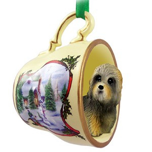 Dandie Dinmont Terrier Dog in Snowman Tea Cup Christmas Ornament – Hand-Painted Stone Resin