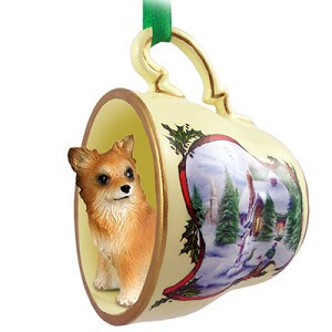 Longhaired Chihuahua Dog in Snowman Tea Cup Christmas Ornament – Hand-Painted Stone Resin
