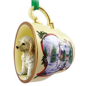 Cream Labradoodle Dog in Snowman Tea Cup Christmas Ornament – Hand-Painted Stone Resin