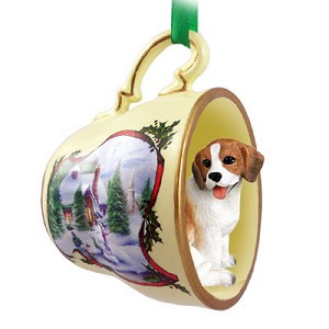 Beagle Dog in Snowman Tea Cup Christmas Ornament – Hand-Painted Stone Resin