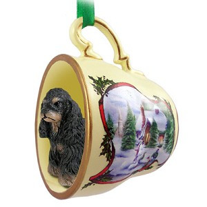 Black & Tan Cocker Spaniel Dog in Snowman Tea Cup Christmas Ornament – Hand-Painted Stone Resin