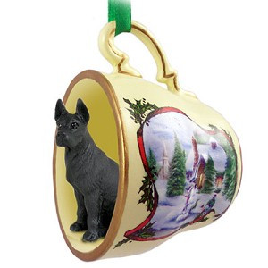 Black Great Dane Dog in Snowman Tea Cup Christmas Ornament – Hand-Painted Stone Resin