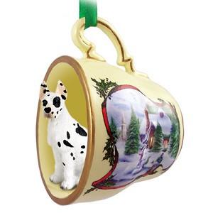 Harlequin Great Dane Dog in Snowman Tea Cup Christmas Ornament – Hand-Painted Stone Resin