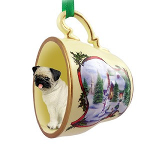 Fawn Pug Dog in Snowman Tea Cup Christmas Ornament – Hand-Painted Stone Resin