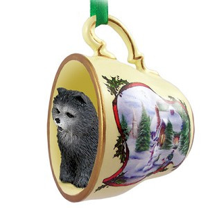Blue Chow Dog in Snowman Tea Cup Christmas Ornament – Hand-Painted Stone Resin