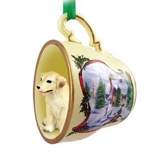 Yellow Labrador Retriever Dog in Snowman Tea Cup Christmas Ornament – Hand-Painted Stone Resin