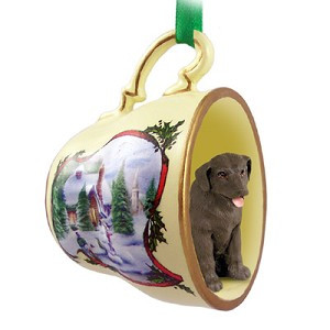 Chocolate Labrador Retriever Dog in Snowman Tea Cup Christmas Ornament – Hand-Painted Stone Resin