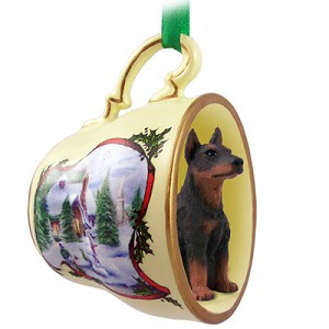 Red, Cropped Doberman Pinscher Dog in Snowman Tea Cup Christmas Ornament – Hand-Painted Stone Resin