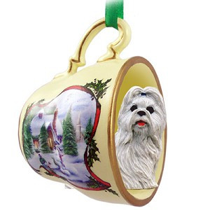 White Shih Tzu Dog in Snowman Tea Cup Christmas Ornament – Hand-Painted Stone Resin