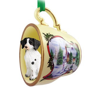 Liver & White Brittany Dog in Snowman Tea Cup Christmas Ornament – Hand-Painted Stone Resin