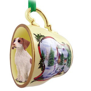 Brown & White Brittany Dog in Snowman Tea Cup Christmas Ornament – Hand-Painted Stone Resin