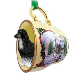 Black & White Afghan Hound Dog in Snowman Tea Cup Christmas Ornament – Hand-Painted Stone Resin