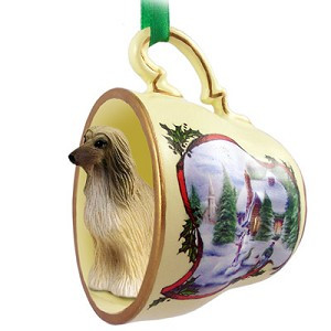 Tan & White Afghan Hound Dog in Snowman Tea Cup Christmas Ornament – Hand-Painted Stone Resin