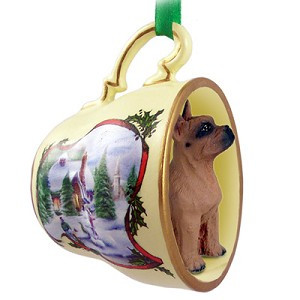 Tawny Boxer Dog in Snowman Tea Cup Christmas Ornament – Hand-Painted Stone Resin