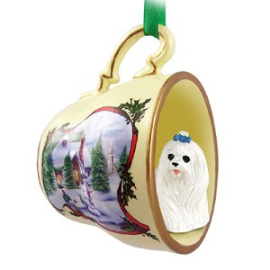 Maltese Dog in Snowman Tea Cup Christmas Ornament – Hand-Painted Stone Resin