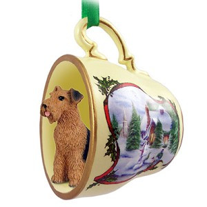 Airedale Dog in Snowman Tea Cup Christmas Ornament – Hand-Painted Stone Resin