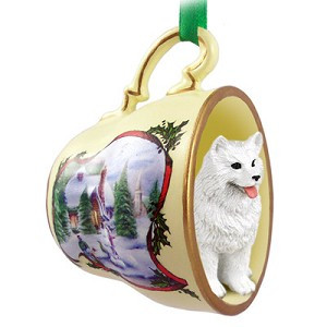 Samoyed Dog in Snowman Tea Cup Christmas Ornament – Hand-Painted Stone Resin