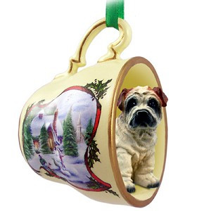 Cream Shar Pei Dog in Snowman Tea Cup Christmas Ornament – Hand-Painted Stone Resin