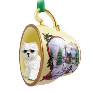 White Dog in Snowman Tea Cup Christmas Ornament – Hand-Painted Stone Resin