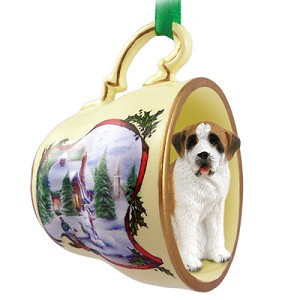 Smooth Coat Saint Bernard Dog in Snowman Tea Cup Christmas Ornament – Hand-Painted Stone Resin