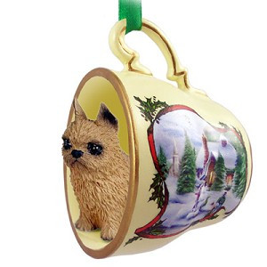 Red Brussels Griffon Dog in Snowman Tea Cup Christmas Ornament – Hand-Painted Stone Resin