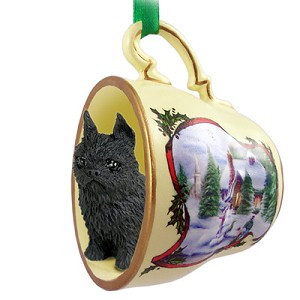 Black Brussels Griffon Dog in Snowman Tea Cup Christmas Ornament – Hand-Painted Stone Resin