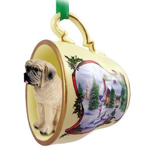 Mastiff Dog in Snowman Tea Cup Christmas Ornament – Hand-Painted Stone Resin