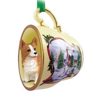 Pembroke Welsh Corgi Dog in Snowman Tea Cup Christmas Ornament – Hand-Painted Stone Resin