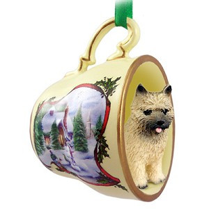 Red Cairn Terrier Dog in Snowman Tea Cup Christmas Ornament – Hand-Painted Stone Resin