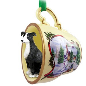 Black & White Greyhound Dog in Snowman Tea Cup Christmas Ornament – Hand-Painted Stone Resin