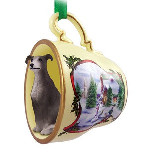 Blue White Greyhound Dog in Snowman Tea Cup Christmas Ornament – Hand-Painted Stone Resin