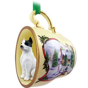 White Pit Bull Terrier Dog in Snowman Tea Cup Christmas Ornament – Hand-Painted Stone Resin