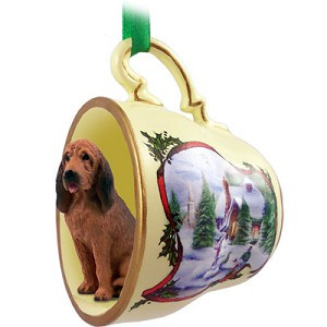 Bloodhound Dog in Snowman Tea Cup Christmas Ornament – Hand-Painted Stone Resin