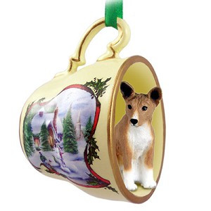 Tan and White Basenji Dog in Snowman Tea Cup Christmas Ornament – Hand-Painted Stone Resin