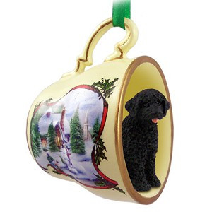 Black Portuguese Water Dog in Snowman Tea Cup Christmas Ornament – Hand-Painted Stone Resin