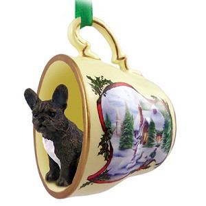 French Bulldog in Snowman Tea Cup Christmas Ornament – Hand-Painted Stone Resin