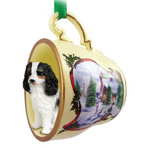 Black & White Cavalier King Charles Spaniel Dog in Snowman Tea Cup Christmas Ornament