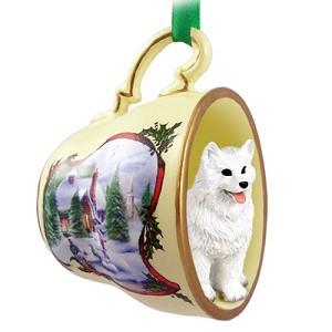 American Eskimo Dog in Snowman Tea Cup Christmas Ornament – Hand-Painted Stone Resin