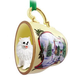 Miniature American Eskimo Dog in Snowman Tea Cup Christmas Ornament – Hand-Painted Stone Resin
