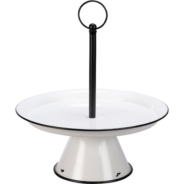 Single Tier Decorative White & Black Metal Pedestal Tray 12 Inch from Primitives by Kathy