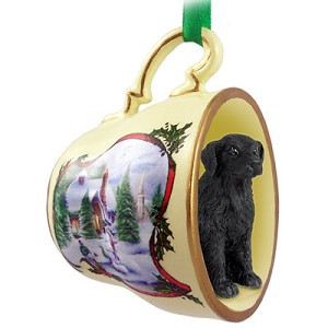 Black Flat Coated Retriever Dog in Snowman Tea Cup Christmas Ornament – Hand-Painted Stone Resin