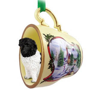 Black and white Landseer Dog in Snowman Tea Cup Christmas Ornament – Hand-Painted Stone Resin