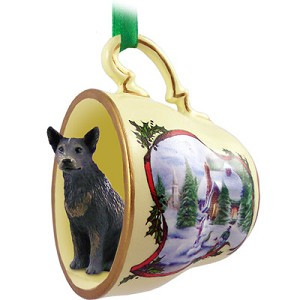 Blue Australian Cattle Dog in Snowman Tea Cup Christmas Ornament – Hand-Painted Stone Resin