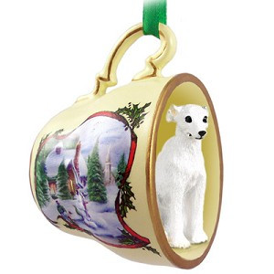 White Whippet Dog in Snowman Tea Cup Christmas Ornament – Hand-Painted Stone Resin