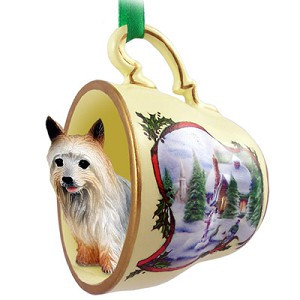 Silky Terrier Dog in Snowman Tea Cup Christmas Ornament – Hand-Painted Stone Resin